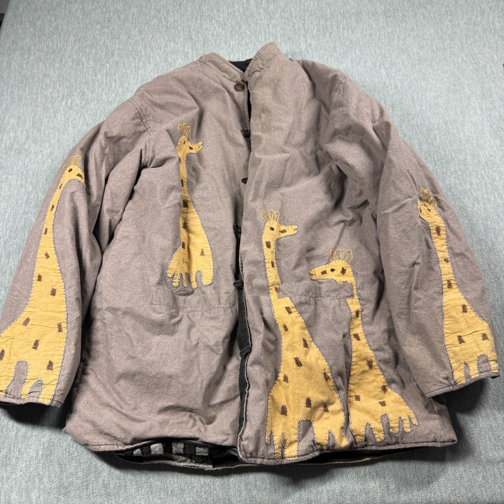 Focus Fashion Jacket Womens One Size Gray Cotton Reversible Giraffe Print Art